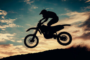 A motocross biker launching off a dirt ramp silhouette