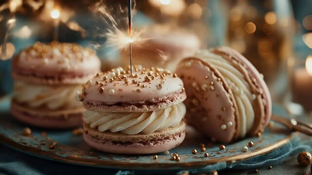 Pink and gold macarons festive dessert culinary still life