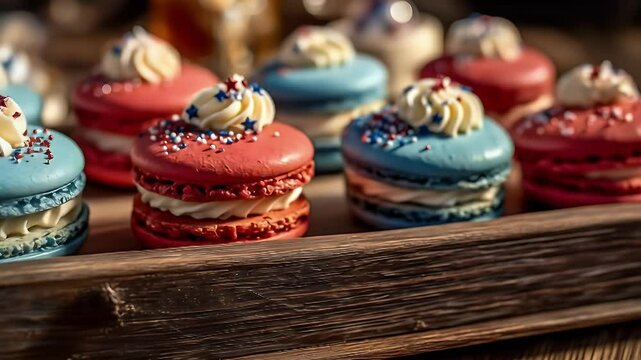 Red and blue macarons on rustic wooden tray delicious pastry delights
