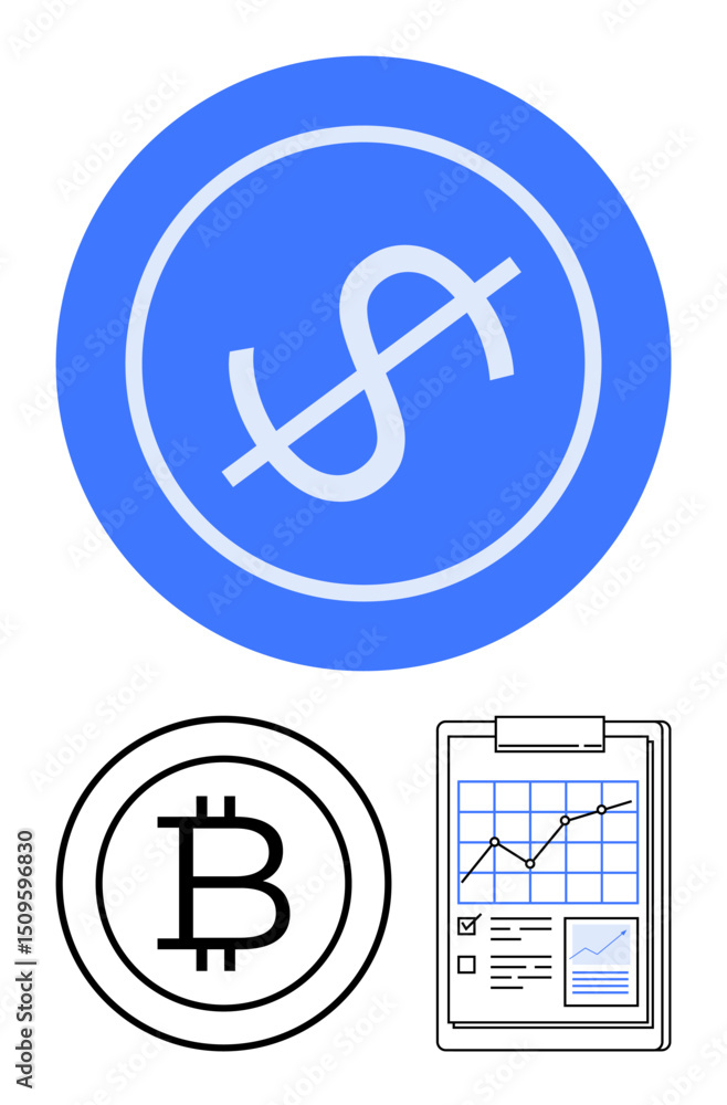 Poster dollar sign with cross mark, bitcoin logo, performance chart with graph and checklist. ideal for fin