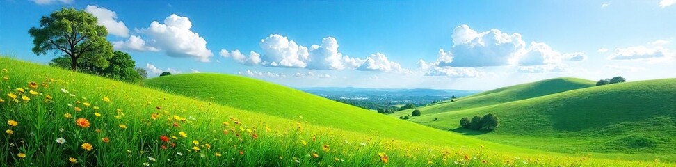 Fototapeta premium Serene vista of a rolling green hill under a vibrant blue sky, dotted with wildflowers and lush vegetation Perfect for travel, nature, and environmental themes , adventure, meadow