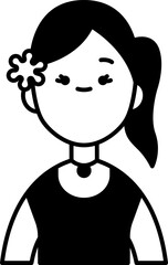 Smiling woman with flower in her hair standing against a plain backdrop, radiating a sense of calm and simplicity.