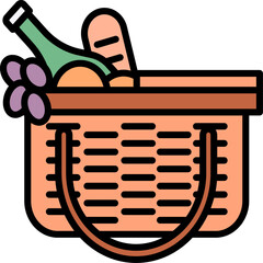 Picnic basket filled with wine, bread, and grapes sitting on a checkered blanket in a sunny park, suggesting relaxation and leisure.