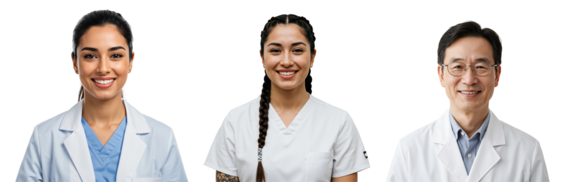 Diverse team of smiling medical professionals, including doctors and a nurse, posing for portraits. Young and middle-aged adult healthcare workers in uniform against a transparent background. - Powered by Adobe
