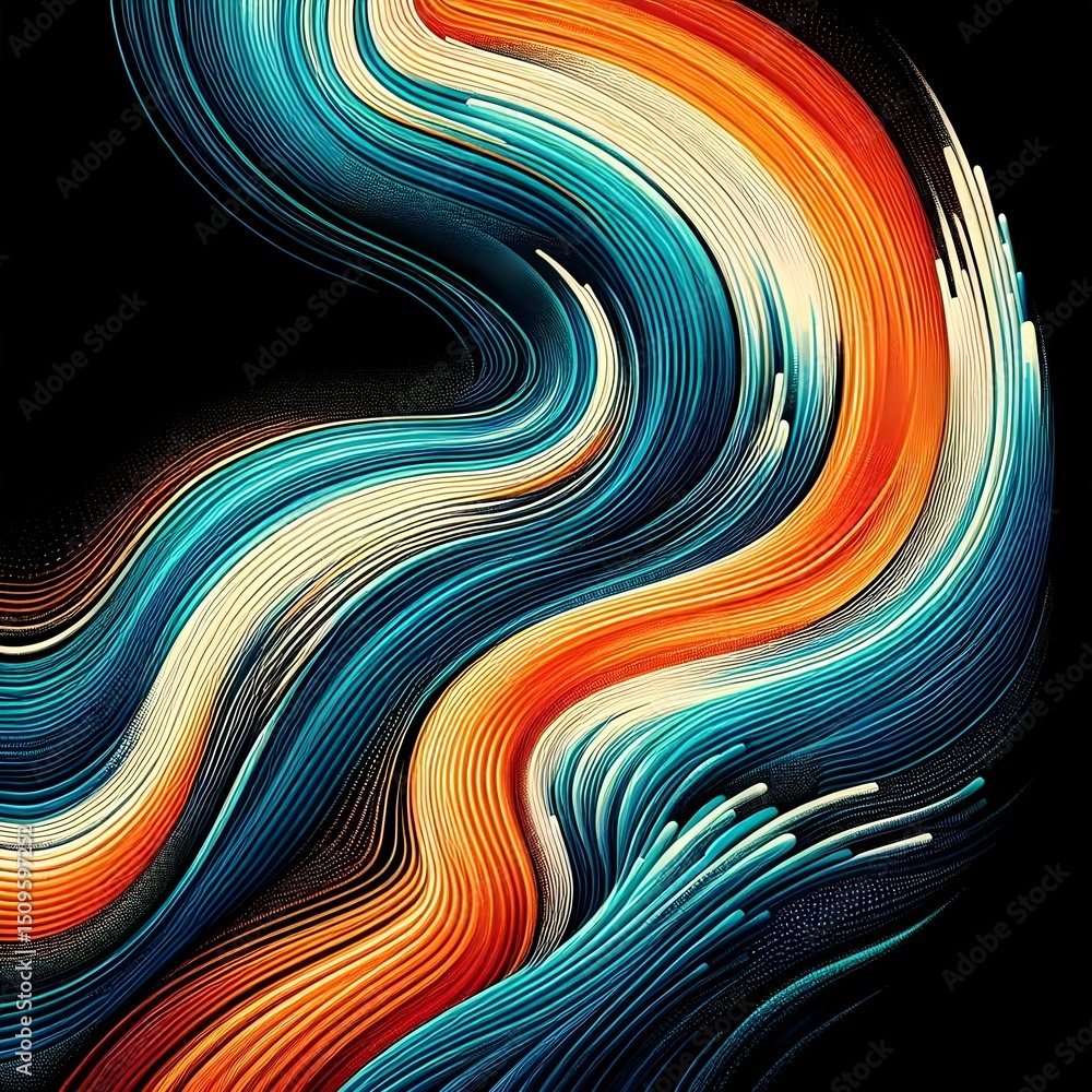 Poster Dynamic neon-toned abstract pattern with fluid wave forms and soft grain texture set against a deep black backdrop for visual impact