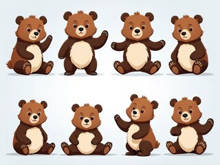 Forest cartoon bear collection in various poses, flat cute style with fluffy texture. Ideal for kids and mascot designs.
