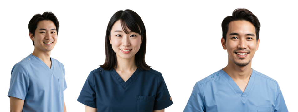 Group portrait of three young diverse Asian medical professionals, two men and one woman, smiling confidently in blue scrubs, isolated on a transparent background.