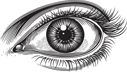 detailed black and white of a single eye with prominent eyelashes.