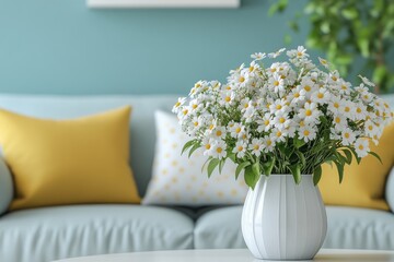 A bouquet of white daisies in a white vase sits on a coffee table in a living room.