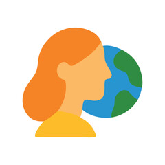 Simple illustration of a woman with a globe behind her, suitable for travel blogs, global business presentations, and educational materials.