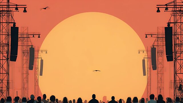 Silhouette crowd at sunset stage concert event background