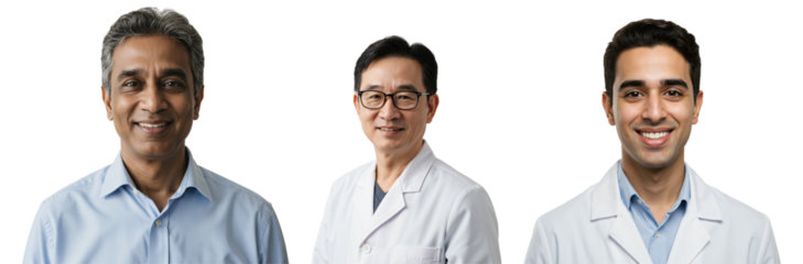Diverse Group of Male Professionals. Middle Aged South Asian Man, East Asian Doctor, and Young Middle Eastern Scientist. Teamwork in Healthcare.