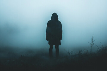 A silhouette of a faceless figure standing in fog