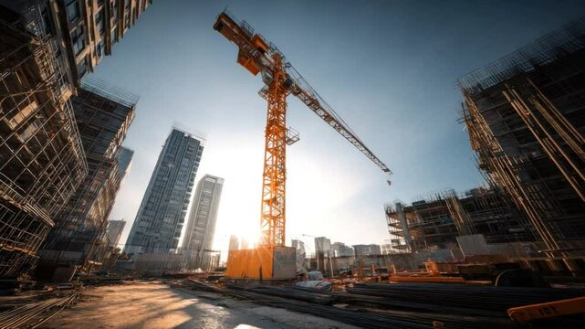 Urban Construction Symphony: Towering crane and evolving cityscape, harmonizing a construction narrative with modern architecture and urban progress, creating awe-inspiring, vibrant vision.