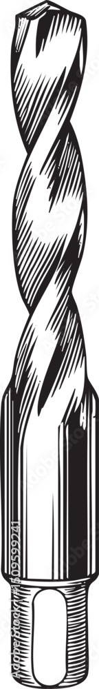 Poster metallic drill bit stands upright showcasing its spiral and sharp point.