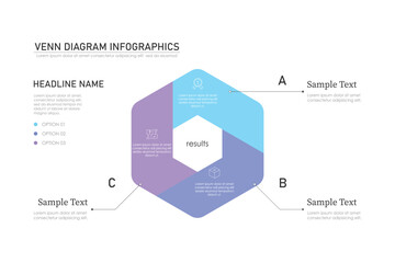Venn diagram infographic chart template for business 3 parts, options, presentation with venn diagram elements vector illustration.
