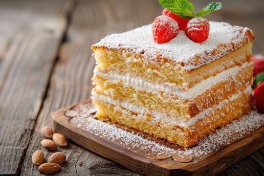 Indulge in a deliciously crafted genoise cake topped with fresh raspberries and mint leaves