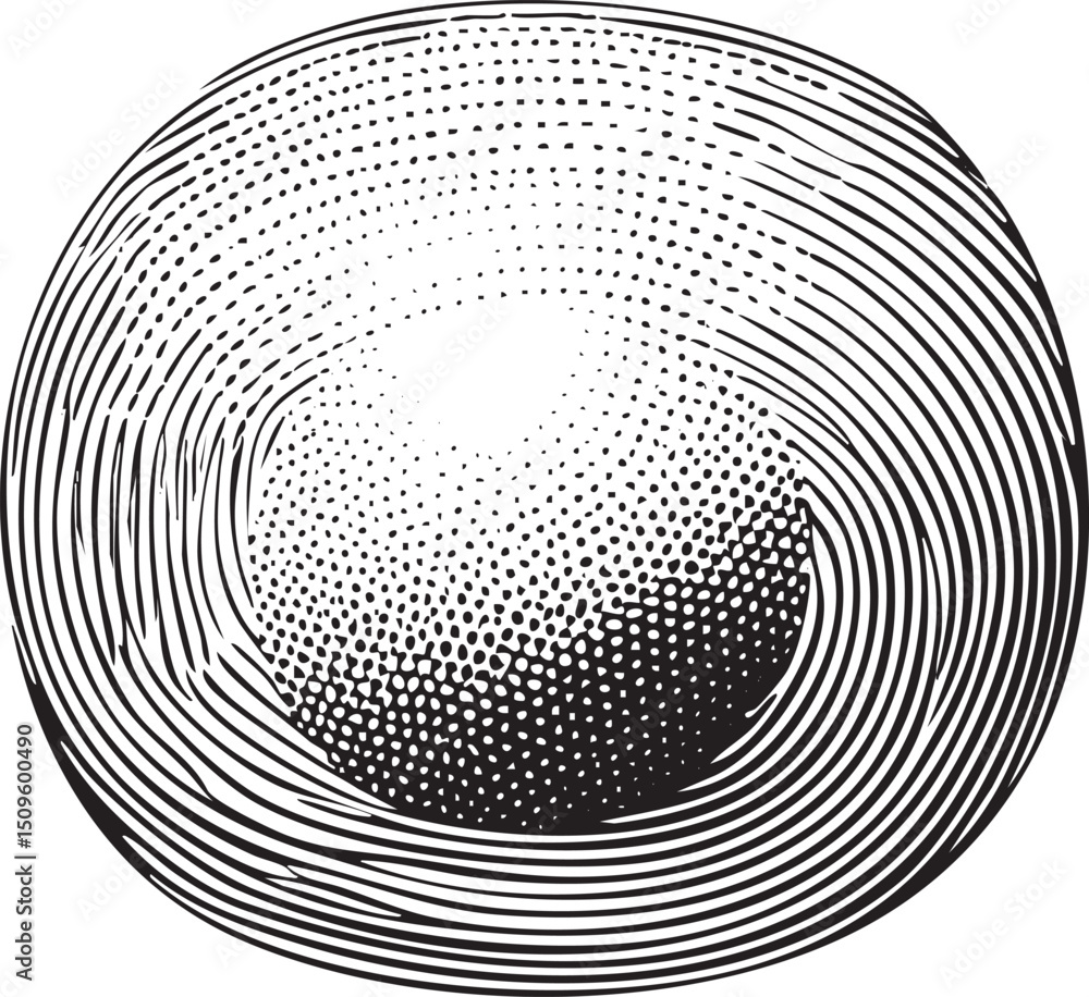 Poster circular textured sphere dominates the with a central dark void.