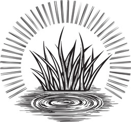 tall grass stalk rises from a still body of water illuminated by a radiant sun.
