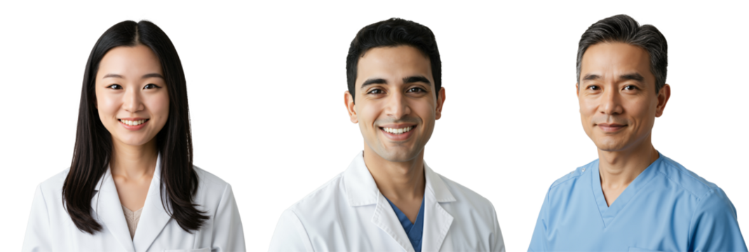 Diverse team of smiling medical professionals. Young East Asian woman, young South Asian man, and middle-aged East Asian man in lab coats and scrubs, isolated on transparent background.