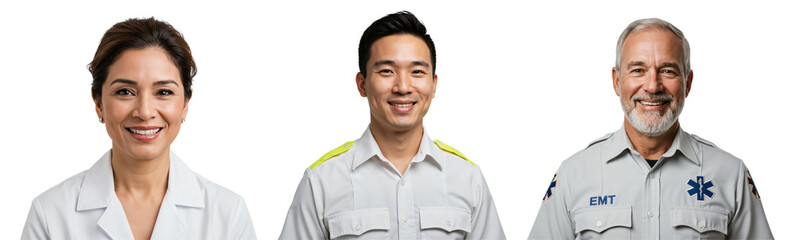 Diverse team of smiling healthcare professionals. Portraits of a Hispanic female doctor, a young Asian male paramedic, and a senior Caucasian male EMT against a transparent background.
