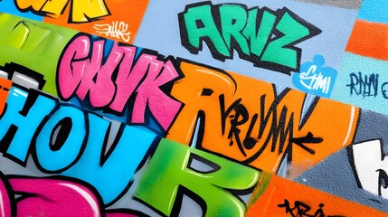 Vibrant Graffiti Wall Collage with Bold Textual Expressions