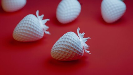 White matte strawberries on vibrant red surface with soft shadows....