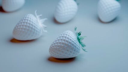 Matte white strawberries with soft shadows on light blue background....