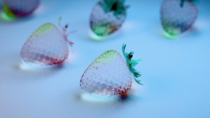 Translucent strawberries on blue surface with neon reflections and soft blur....