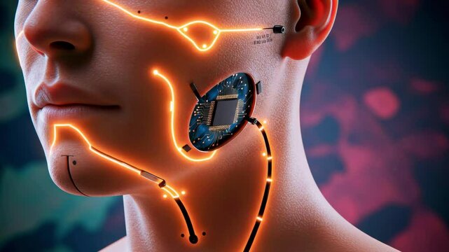 Futuristic portrait of a human with cybernetic enhancements and glowing circuits on the face