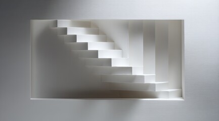 White, minimalist paper staircase sculpture recessed into a square frame; light casts shadows