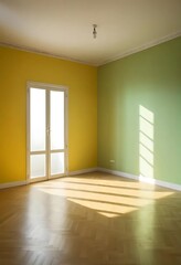 Obraz premium Sunlit Room with Yellow and Green Walls and Herringbone Hardwood Flooring