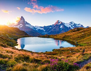 Fantastic evening panorama of Bachalp lake - Bachalpsee, Switzerland. 