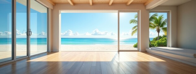 Luxury Beachfront Room with Ocean View. Perfect for illustrating travel advertisements, luxury real estate listings, articles on dream destinations, or resort promotions