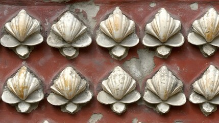 Fototapeta premium Red Wall with Intricate Shell-Shaped Floral Relief Design