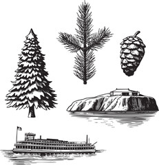 Naklejka premium detailed black and white depicts a large evergreen tree a pine branch a cone and a rocky island with a small building.