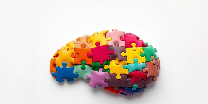 Abstract colorful jigsaw puzzle pieces forming a brain shape, leaving empty space, diversity, understanding