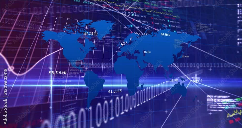 Poster horizontal beam scanning world map, linking points with pulsing graphs showing financial dashboard