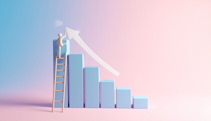 Image of a character climbing a ladder in the background, with a growing bar chart showing a growth rate next to it