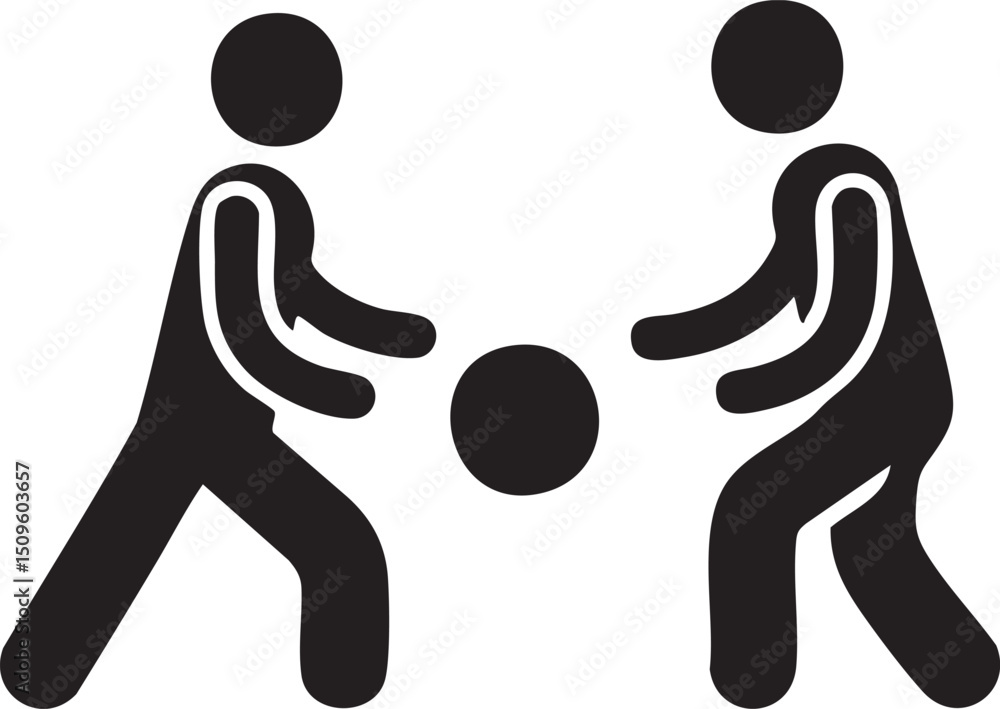 Poster two figures engage in a playful hand game with a spherical object.