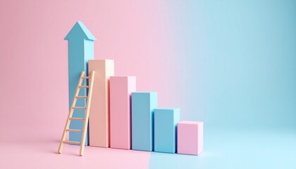 Image of a character climbing a ladder in the background, with a growing bar chart showing a growth rate next to it