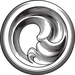 circular emblem features a stylized wave in black and white.