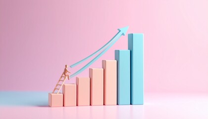 Image of a character climbing a ladder in the background, with a growing bar chart showing a growth rate next to it