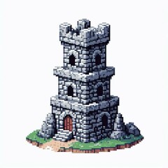 Pixel art stone tower on grassy island - great for design inspiration