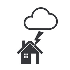 Isolated pictogram of house struck by lightning, warning of thunderstorm danger during rainy season, reminder to go indoors safely.