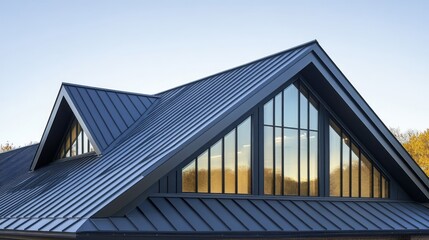 Modern, dark-hued roof with a triangular skylight.
