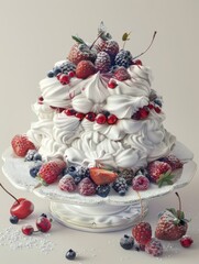 Delicious pavlova dessert topped with berries and cream for a stunning culinary presentation