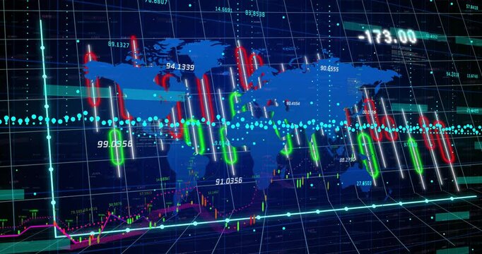 grid forming causing blue map appearing, bars rising, line graph emerging, showing market rebound