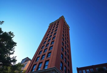 Obraz premium A towering brick building against a vibrant blue sky, modern, clear sky