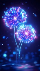 Two luminous, geometric dandelion clocks with vibrant blue and pink hues, reflected in dark water, surrounded by bokeh lights